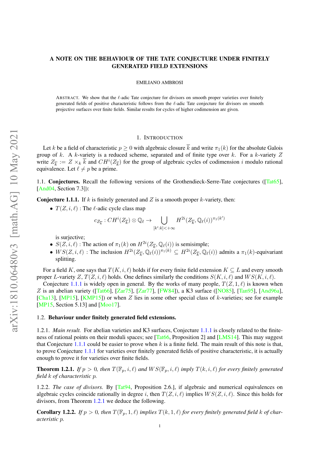 Arxiv:1810.06480V3 [Math.AG] 10 May 2021 1.2.1