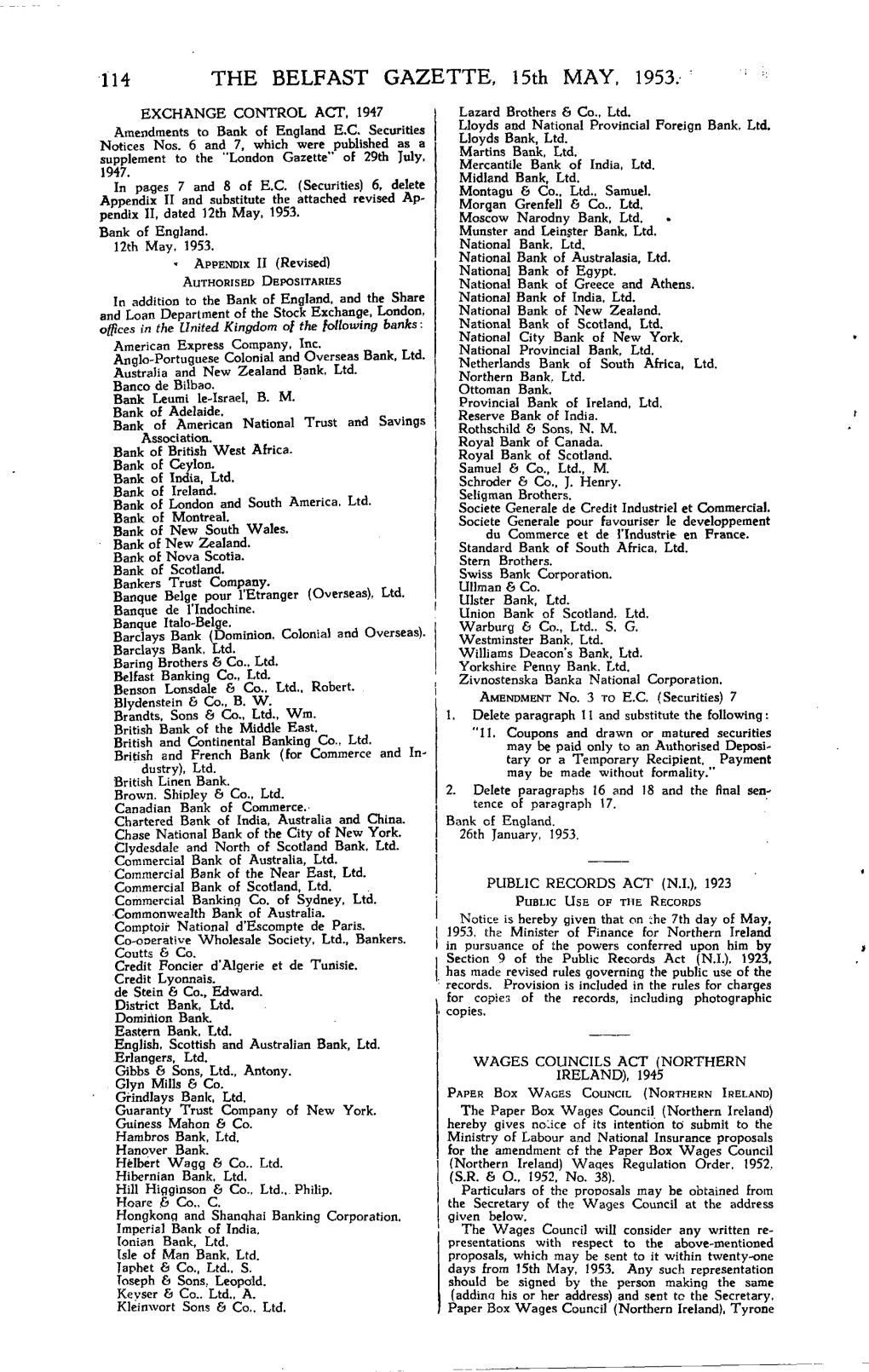 THE BELFAST GAZETTE, 15Th MAY, 1953, EXCHANGE CONTROL ACT, 1947 Lazard Brothers & Co., Ltd