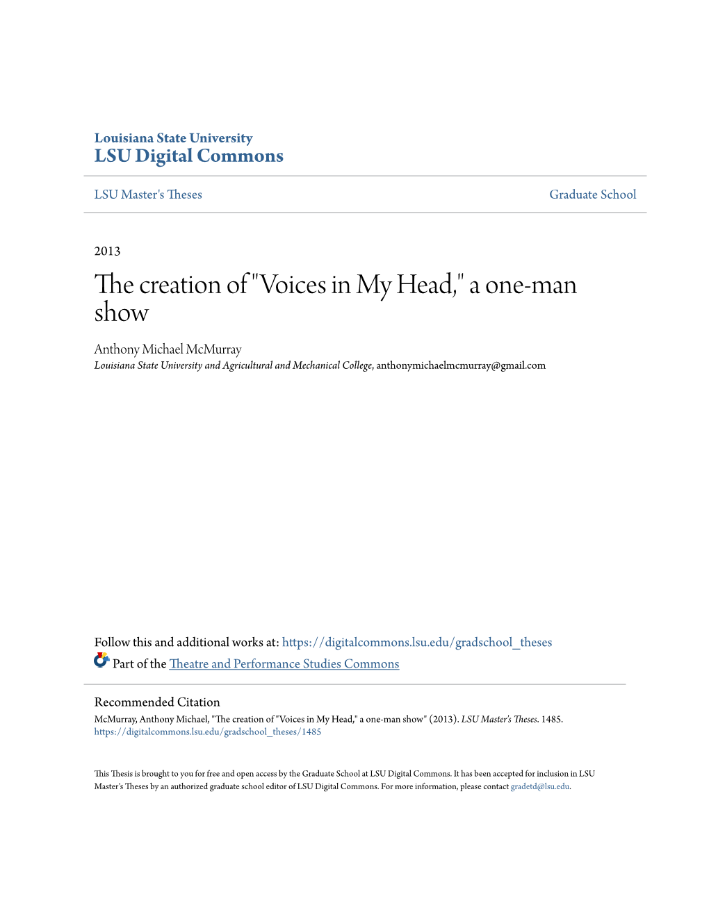 Voices in My Head," a One-Man Show Anthony Michael Mcmurray Louisiana State University and Agricultural and Mechanical College, Anthonymichaelmcmurray@Gmail.Com