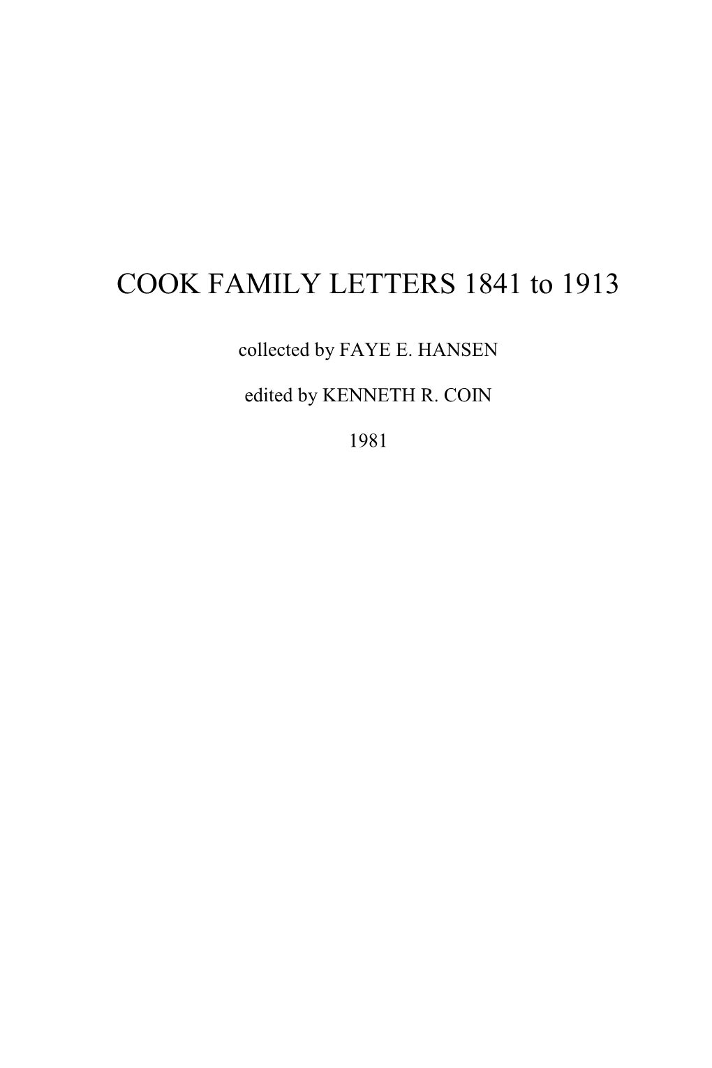 COOK FAMILY LETTERS 1841 to 1896