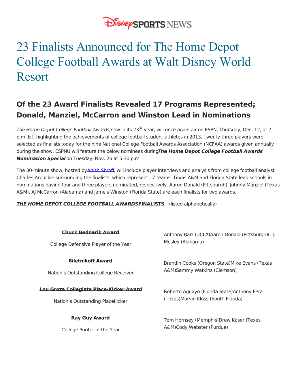 23 Finalists Announced for the Home Depot College Football Awards at Walt Disney World Resort