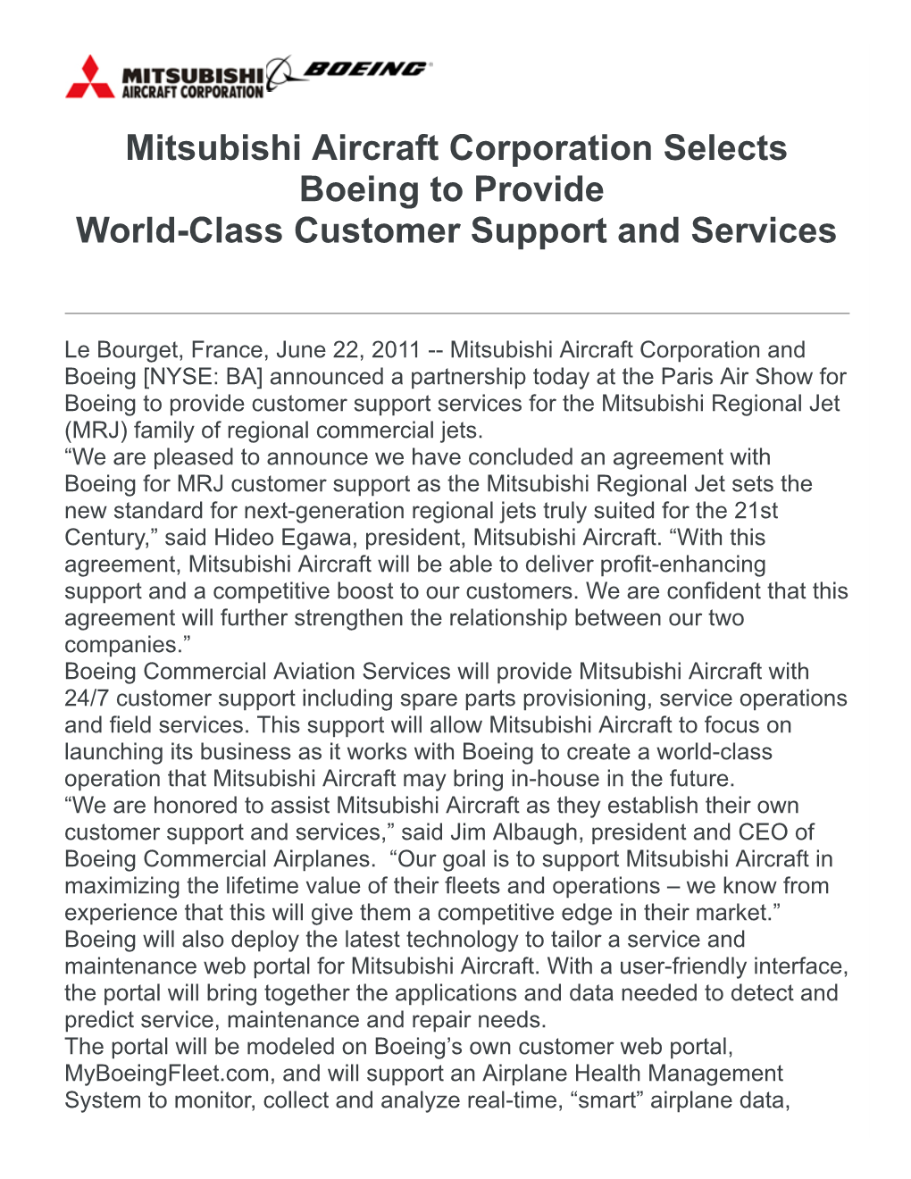 Mitsubishi Aircraft Corporation Selects Boeing to Provide World-Class Customer Support and Services