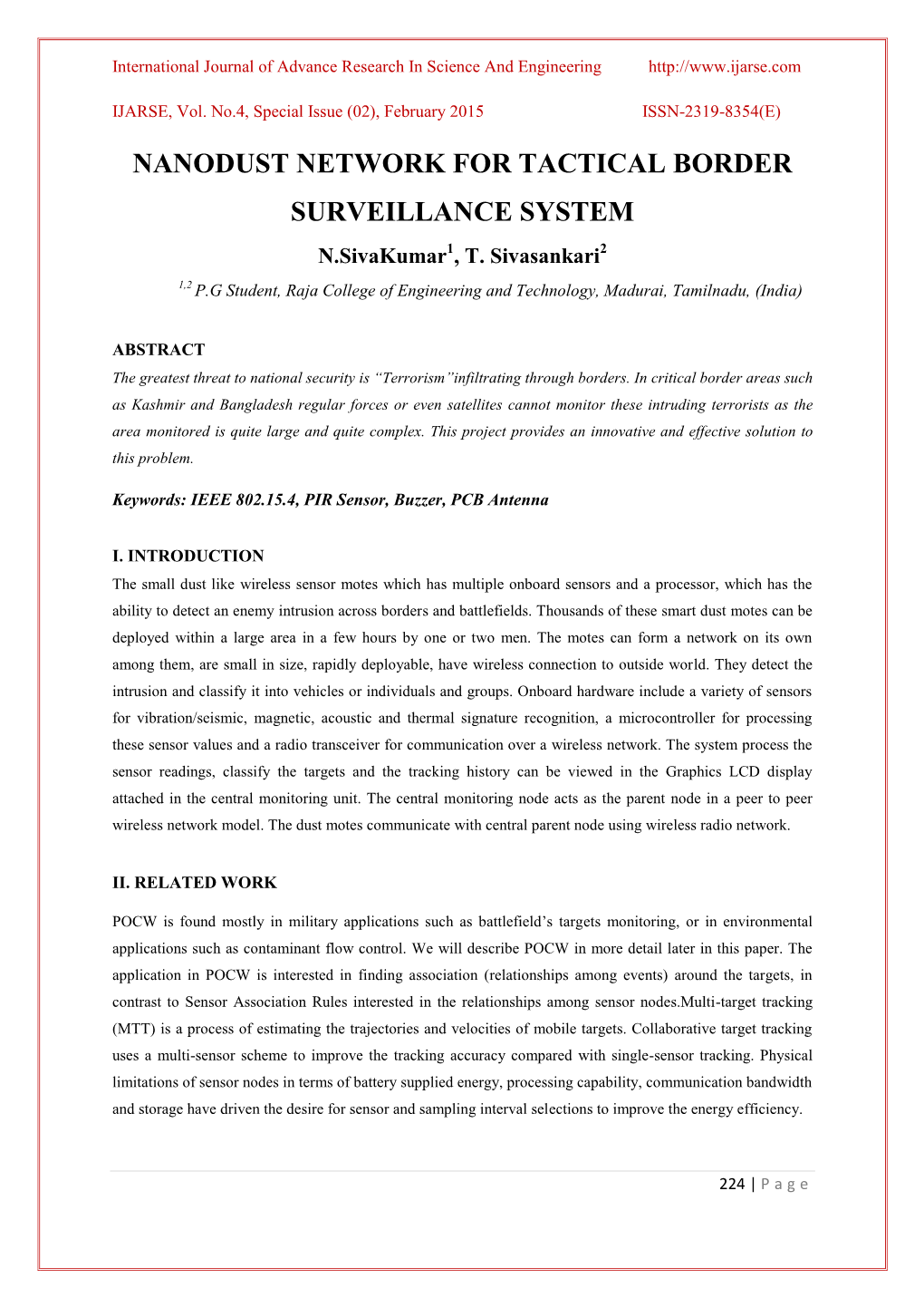 NANODUST NETWORK for TACTICAL BORDER SURVEILLANCE SYSTEM N.Sivakumar1, T