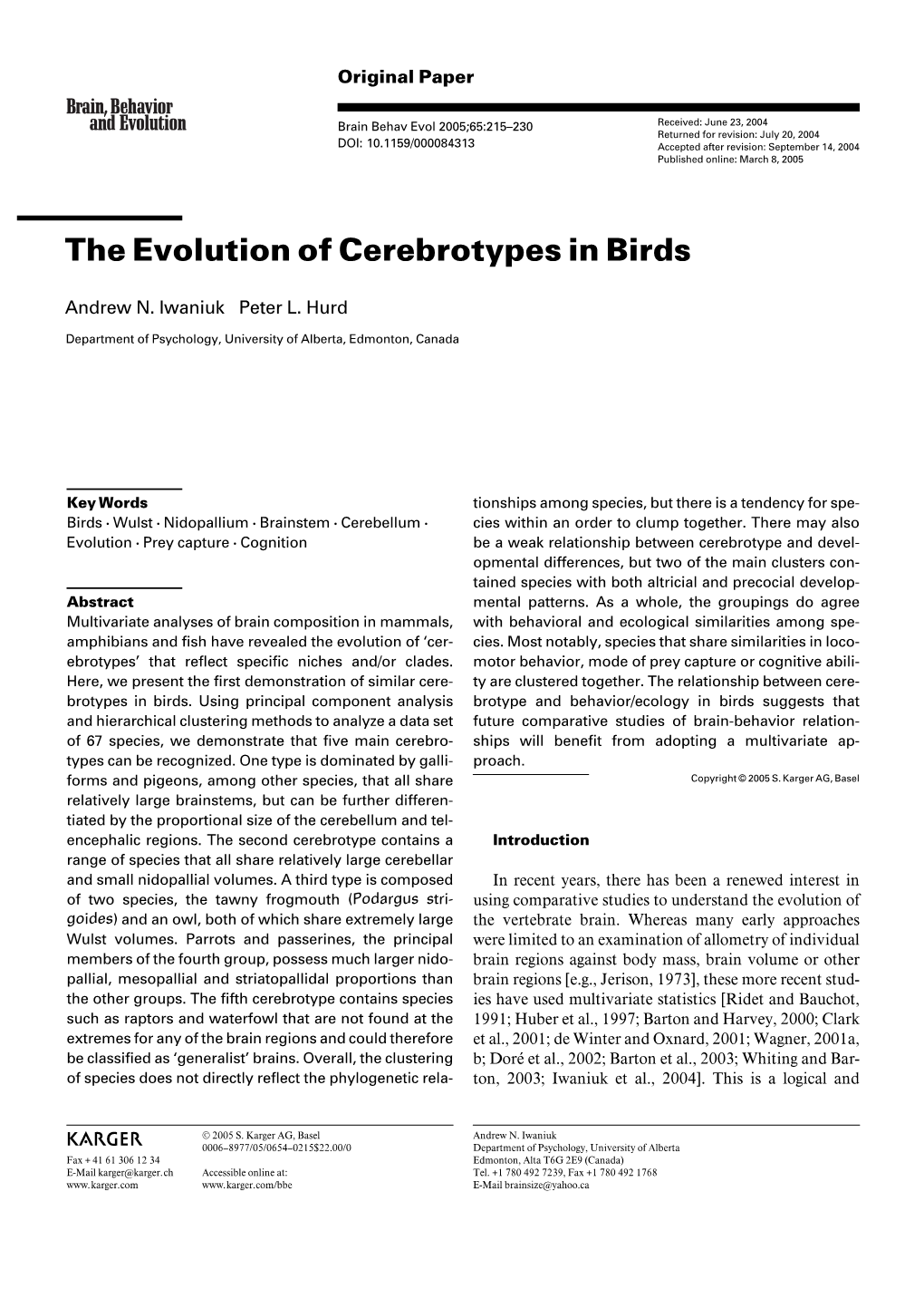 The Evolution of Cerebrotypes in Birds