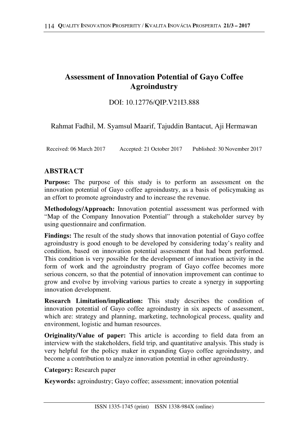Assessment of Innovation Potential of Gayo Coffee Agroindustry