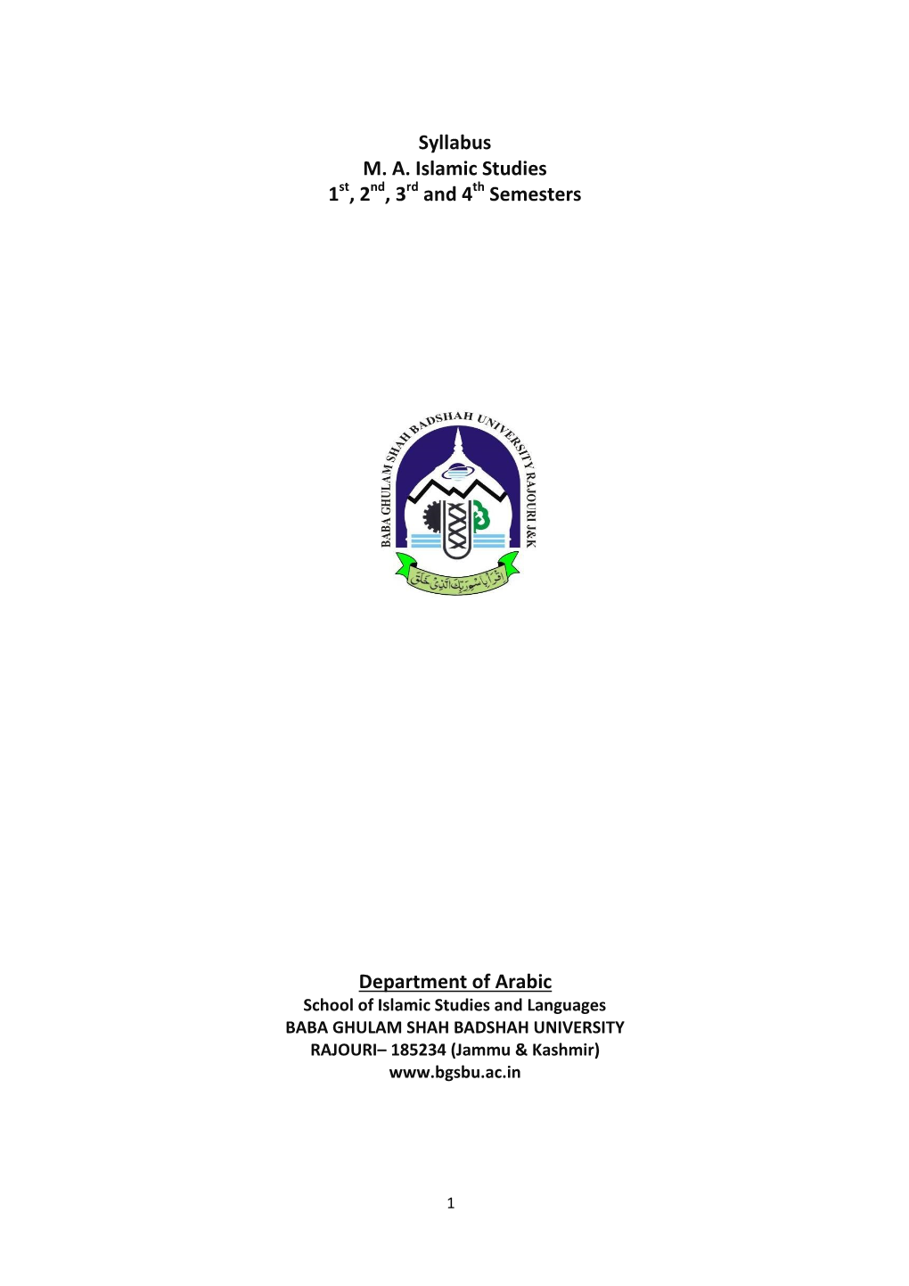 Syllabus M. A. Islamic Studies 1 , 2 , 3 and 4 Semesters Department Of