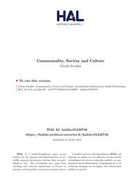 Commensality, Society and Culture Claude Fischler