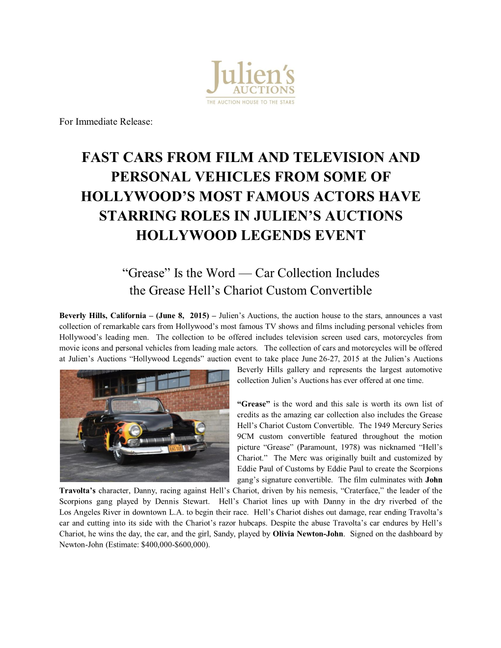 Fast Cars from Film and Television and Personal Vehicles from Some of Hollywood’S Most Famous Actors Have Starring Roles in Julien’S Auctions Hollywood Legends Event