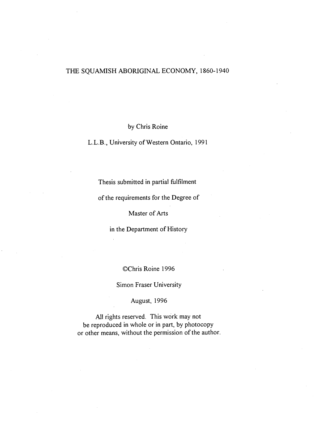 The Squamish Aboriginal Economy, 1860-1940