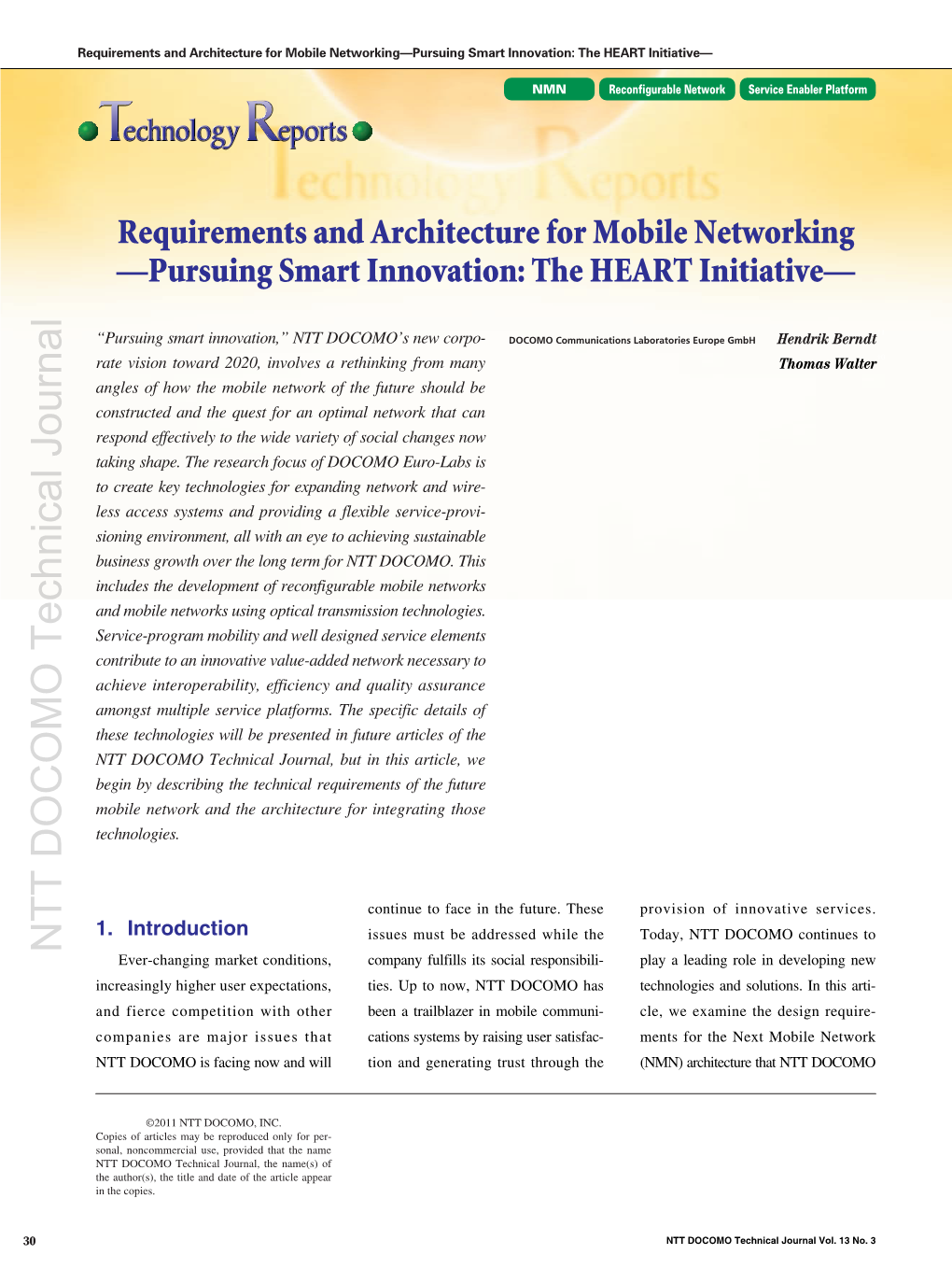 Requirements and Architecture for Mobile Networking —Pursuing Smart Innovation: the HEART Initiative—