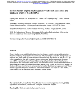 Multiregional Evolution of Autosomes and East Asia Origin of Y and Mtdna