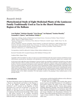 Phytochemical Study of Eight Medicinal Plants of the Lamiaceae Family Traditionally Used As Tea in the Sharri Mountains Region of the Balkans