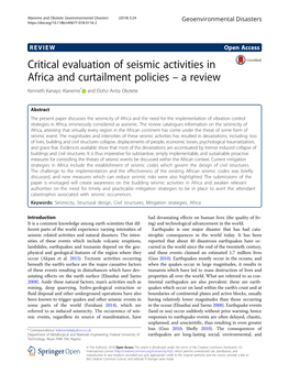 Critical Evaluation of Seismic Activities in Africa and Curtailment Policies – a Review Kenneth Kanayo Alaneme* and Eloho Anita Okotete