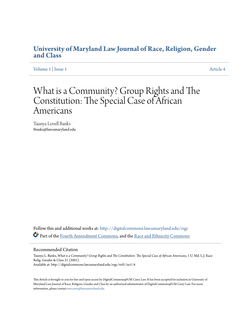 Group Rights and the Constitution: the Special Case of African Americans, 1 U