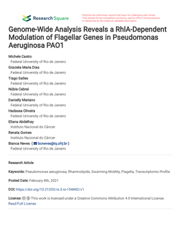 Genome-Wide Analysis Reveals a Rhla-Dependent Modulation of Flagellar Genes in Pseudomonas Aeruginosa PAO1