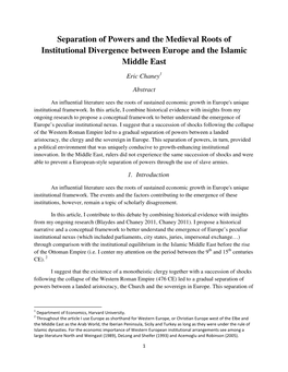 Separation of Powers and the Medieval Roots of Institutional Divergence Between Europe and the Islamic Middle East