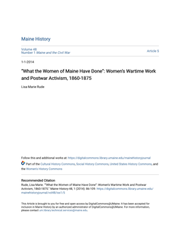 What the Women of Maine Have Done”: Women’S Wartime Work and Postwar Activism, 1860-1875
