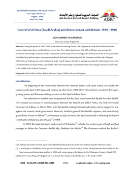 Control of Al-Hasa (Saudi Arabia) and Direct Contact with Britain, 1910 –1916