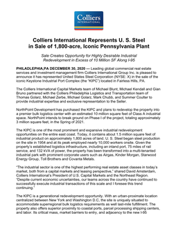 Colliers International Represents U. S. Steel in Sale of 1,800-Acre, Iconic Pennsylvania Plant