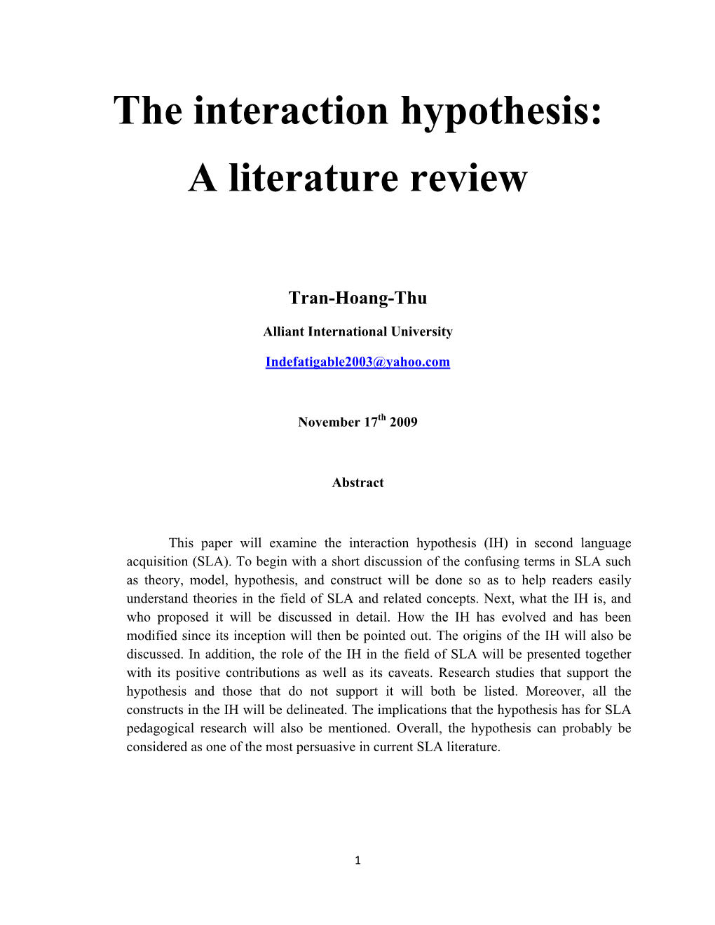 The Interaction Hypothesis: a Literature Review