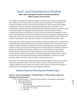 Sport and Development Module MBA in Sports Management, Escuela Universitaria Real Madrid Martha Saavedra, Phd, April 2015