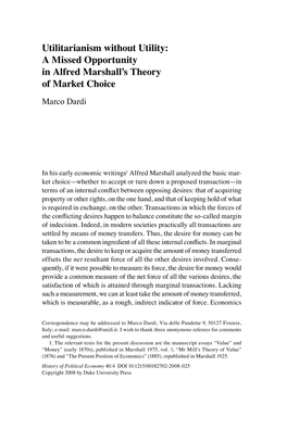 Utilitarianism Without Utility: a Missed Opportunity in Alfred Marshall's Theory of Market Choice