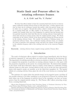 Static Limit and Penrose Effect in Rotating Reference Frames
