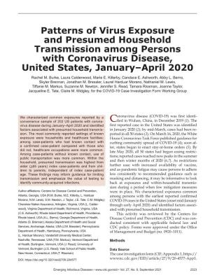 Patterns of Virus Exposure and Presumed Household Transmission Among Persons with Coronavirus Disease, United States, January–April 2020 Rachel M