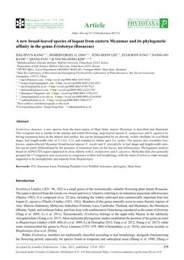 A New Broad-Leaved Species of Loquat from Eastern Myanmar and Its Phylogenetic Affinity in the Genus Eriobotrya (Rosaceae)