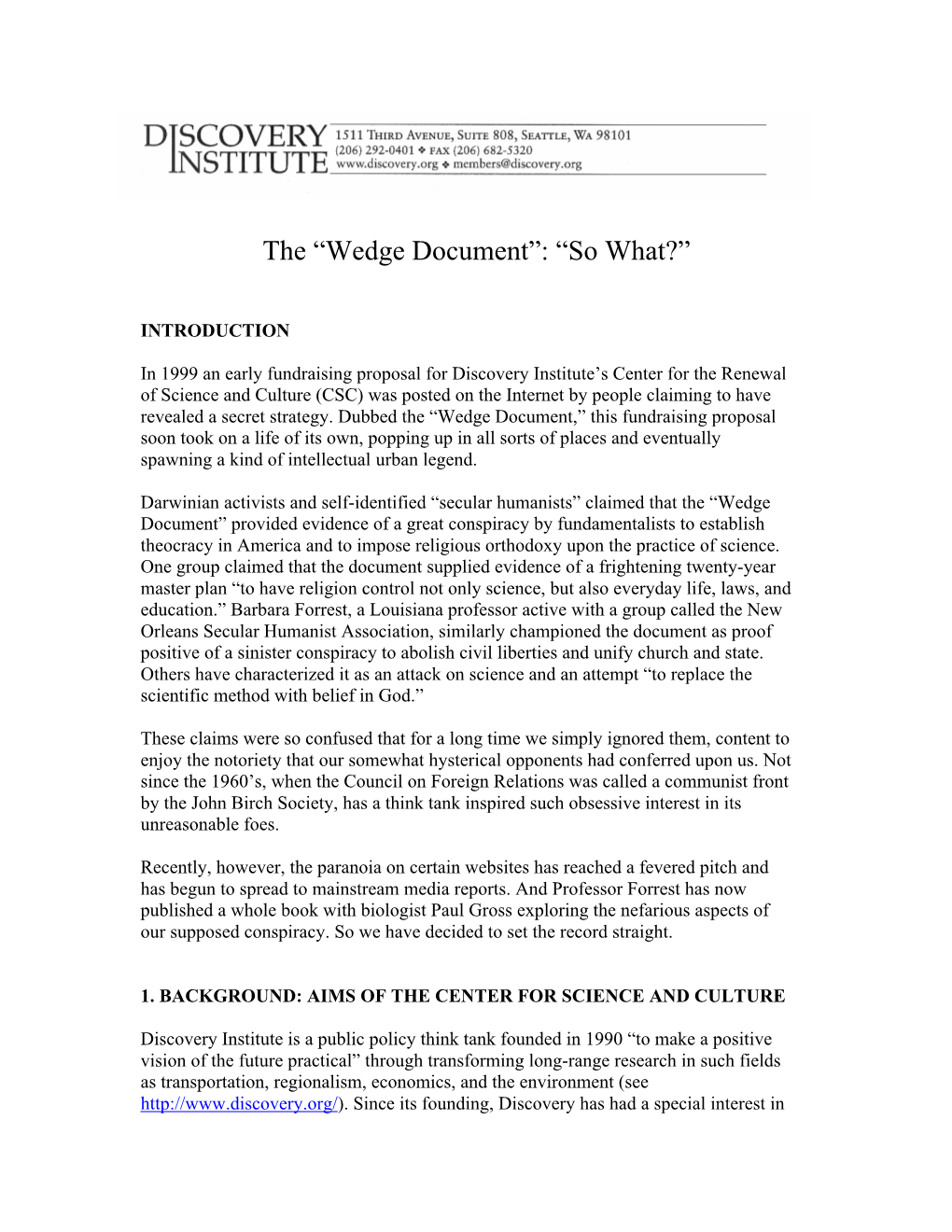 Wedge Document”: “So What?”