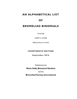 An Alphabetical List of Bromeliad Binomials