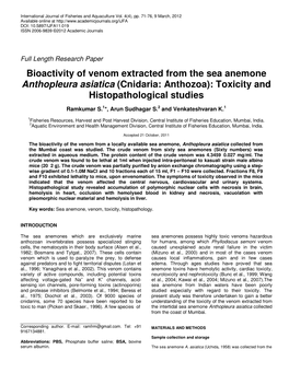Bioactivity of Venom Extracted from the Sea Anemone Anthopleura Asiatica (Cnidaria: Anthozoa): Toxicity and Histopathological Studies