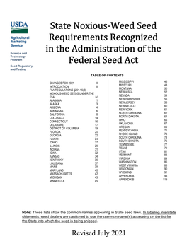 2021 State Noxious-Weed Seed Requirements Recognized in the Administration of the Federal Seed Act