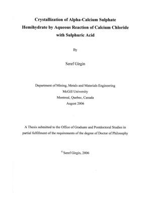 Crystallization of Alpha-Calcium Sulphate Hemihydrate by Aqueous Reaction of Calcium Chloride with Sulphuric Acid