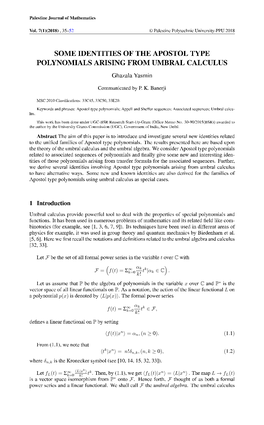 SOME IDENTITIES of the APOSTOL TYPE POLYNOMIALS ARISING from UMBRAL CALCULUS Ghazala Yasmin