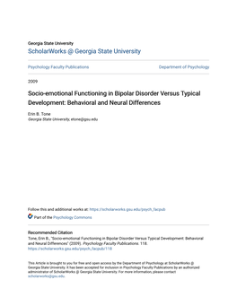 Socio-Emotional Functioning in Bipolar Disorder Versus Typical Development: Behavioral and Neural Differences