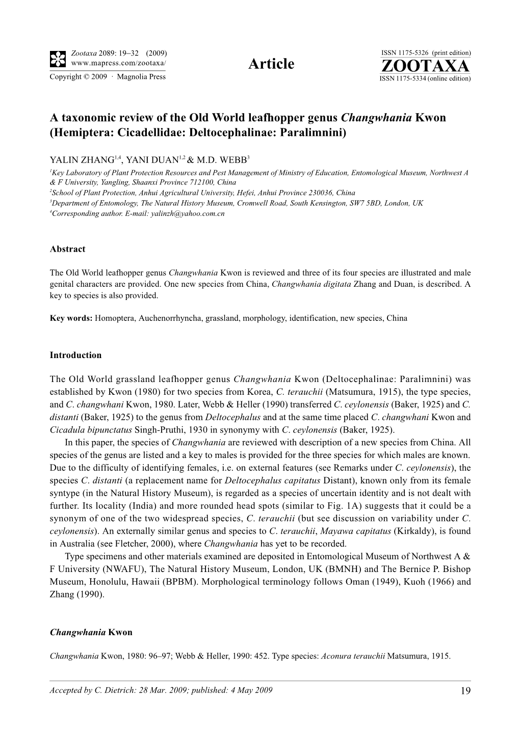 Zootaxa, a Taxonomic Review of the Old World Leafhopper Genus