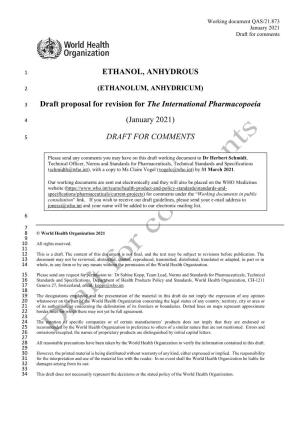 ETHANOL, ANHYDROUS Draft Proposal for Revision for the International Pharmacopoeia
