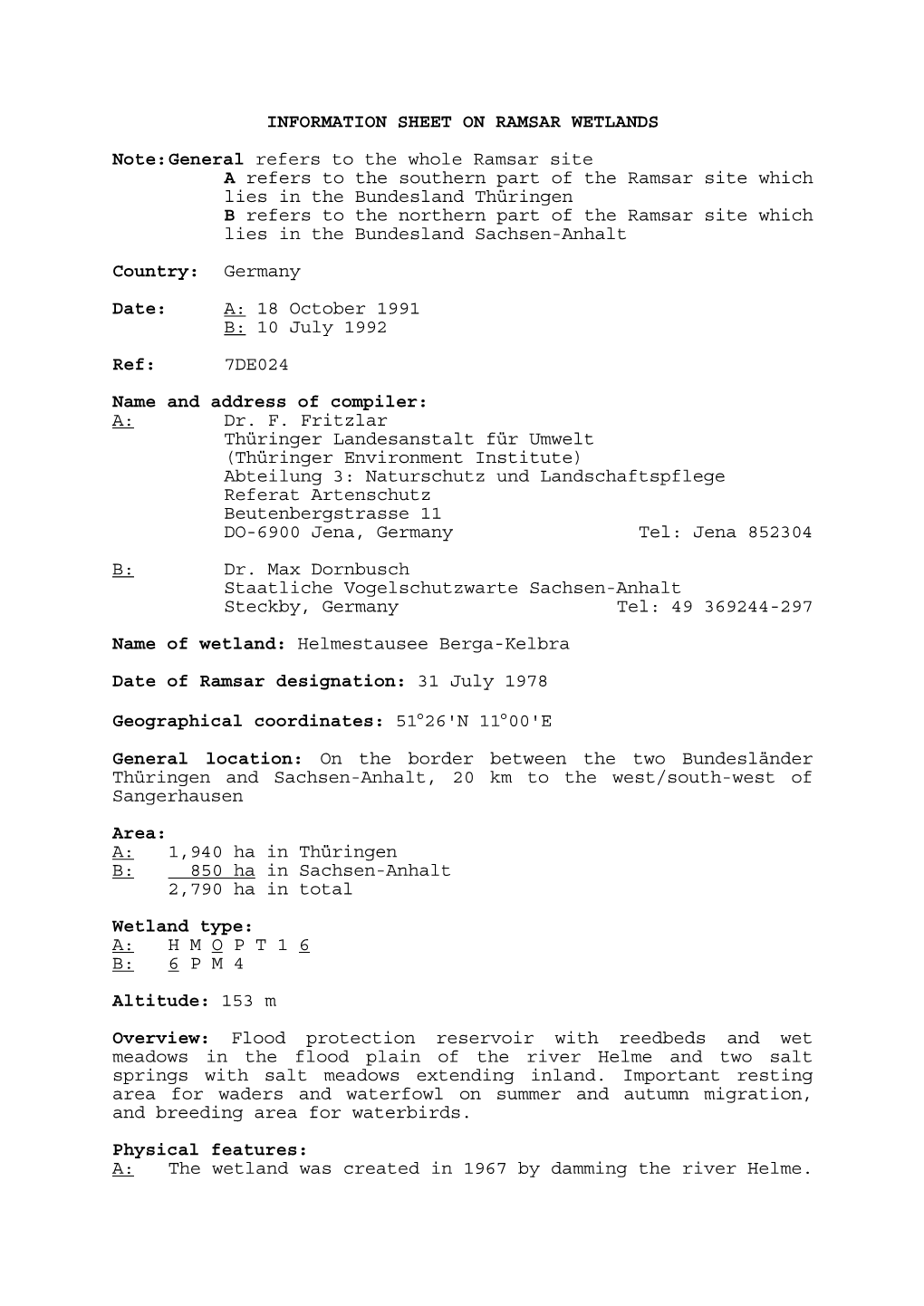 INFORMATION SHEET on RAMSAR WETLANDS Note