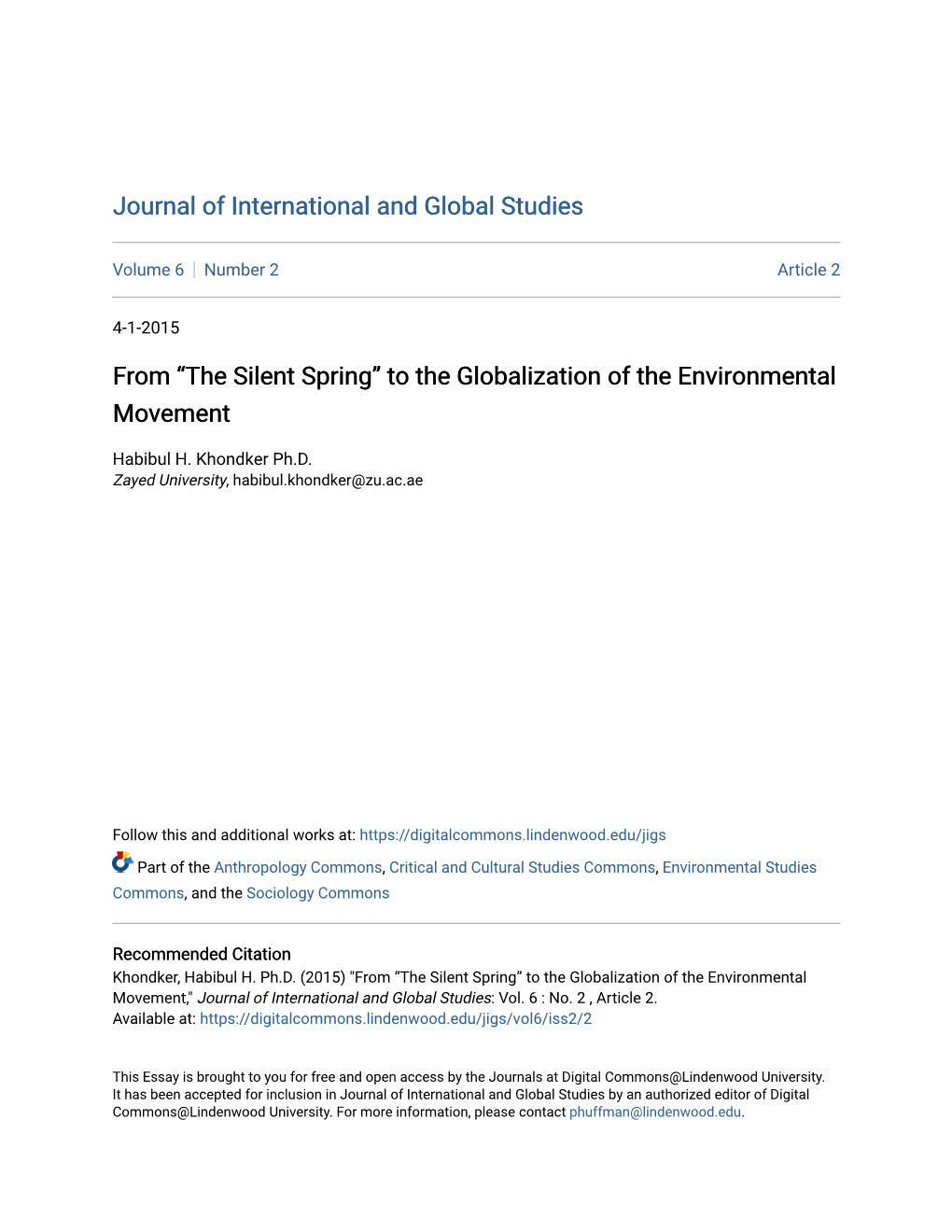 From “The Silent Spring” to the Globalization of the Environmental Movement