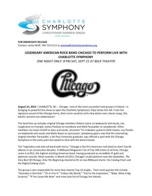 Legendary American Rock Band Chicago to Perform Live with Charlotte Symphony One Night Only: 8 Pm Sat, Sept 21 at Belk Theater