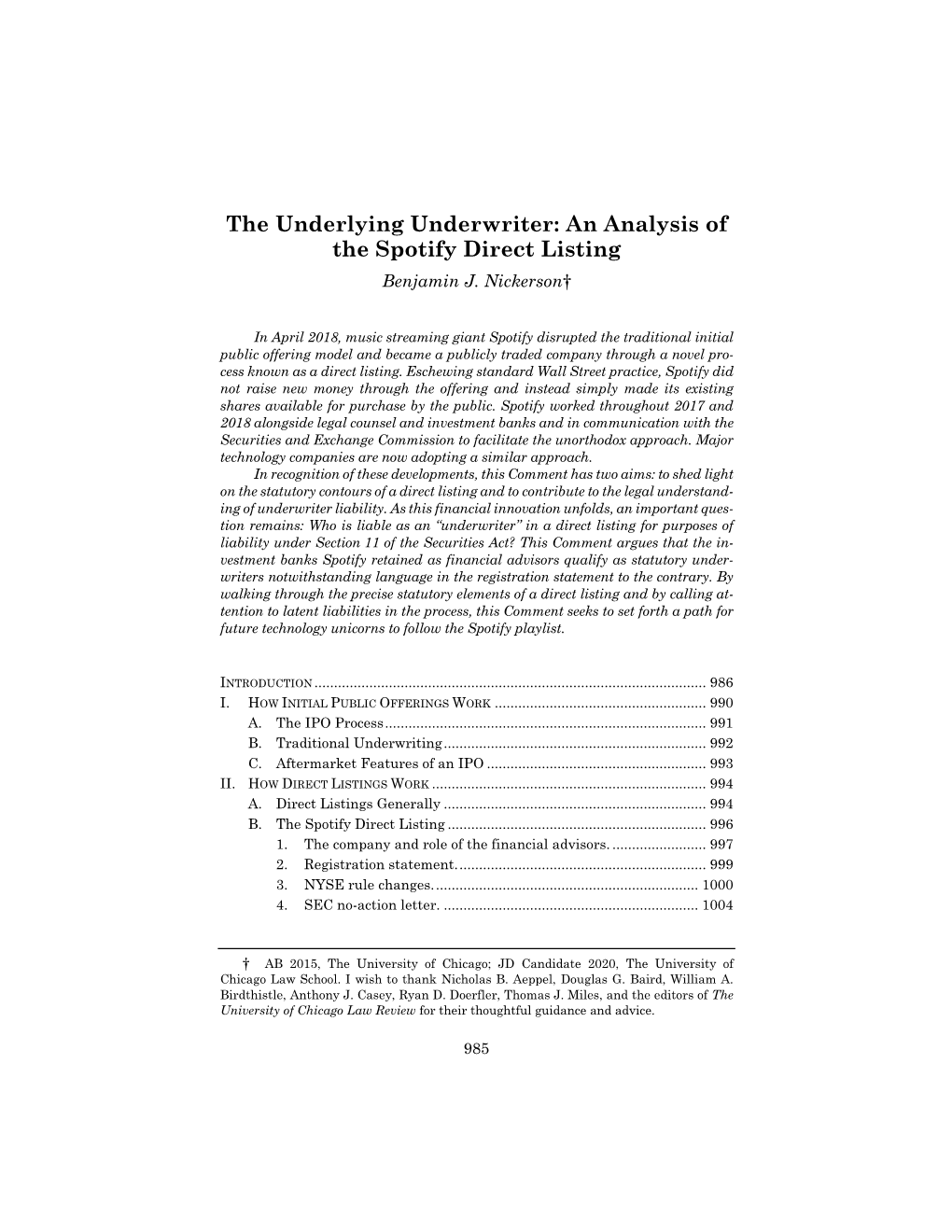 The Underlying Underwriter: an Analysis of the Spotify Direct Listing Benjamin J