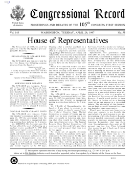 Congressional Record United States Th of America PROCEEDINGS and DEBATES of the 105 CONGRESS, FIRST SESSION