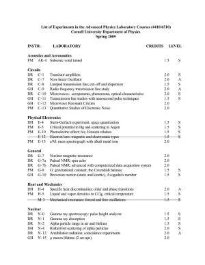 List of Experiments in the Advanced Physics Laboratory Courses (4410/6510) Cornell University Department of Physics Spring 2009