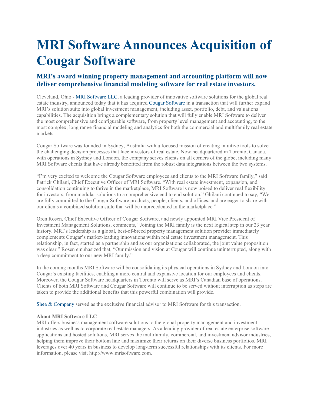 MRI Software Announces Acquisition of Cougar