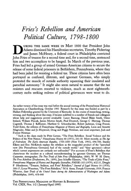 Fries's Rebellion and American Political Culture, 1798-1800