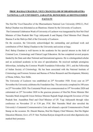 Prof. Balraj Chauhan, Vice Chancellor of Dharmashastra National Law University, Jabalpur, Honoured As Distinguished Faculty