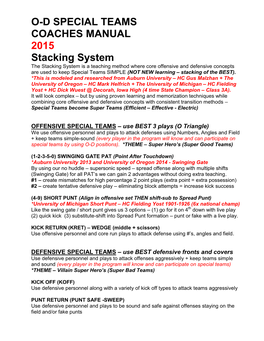 O-D SPECIAL TEAMS COACHES MANUAL 2015 Stacking System