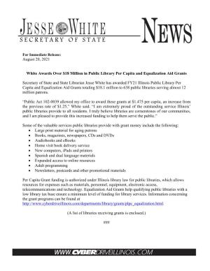 White Awards Over $18 Million in Public Library Per Capita and Equalization Aid Grants