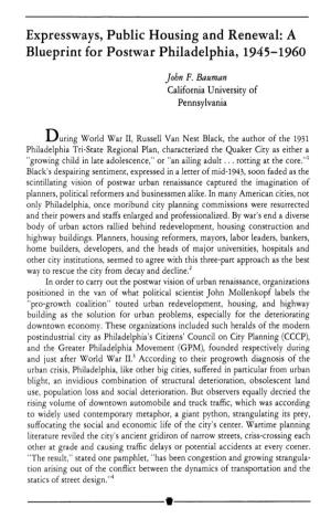 Expressways, Public Housing and Renewal: a Blueprint for Postwar Philadelphia, 1945-1960